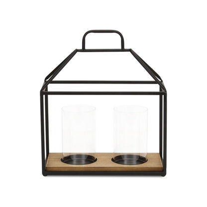 15" Black Metal Glass And Wood Geometric Two Light Hurricane Candle Holder HomeRoots