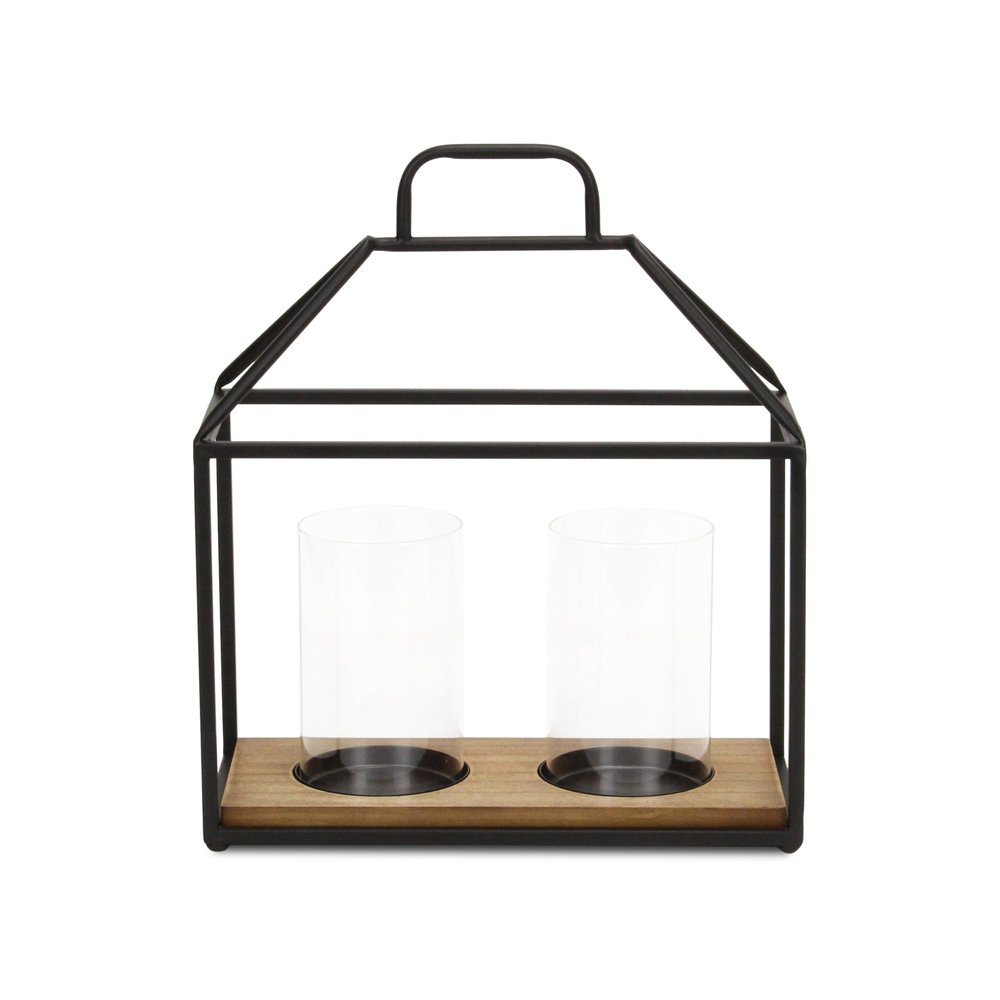 15" Black Metal Glass And Wood Geometric Two Light Hurricane Candle Holder HomeRoots