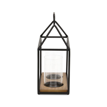 15" Black Metal Glass And Wood Geometric Two Light Hurricane Candle Holder HomeRoots