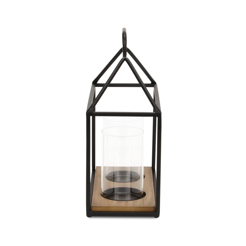 15" Black Metal Glass And Wood Geometric Two Light Hurricane Candle Holder HomeRoots