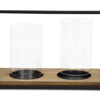 15" Black Metal Glass And Wood Geometric Two Light Hurricane Candle Holder HomeRoots