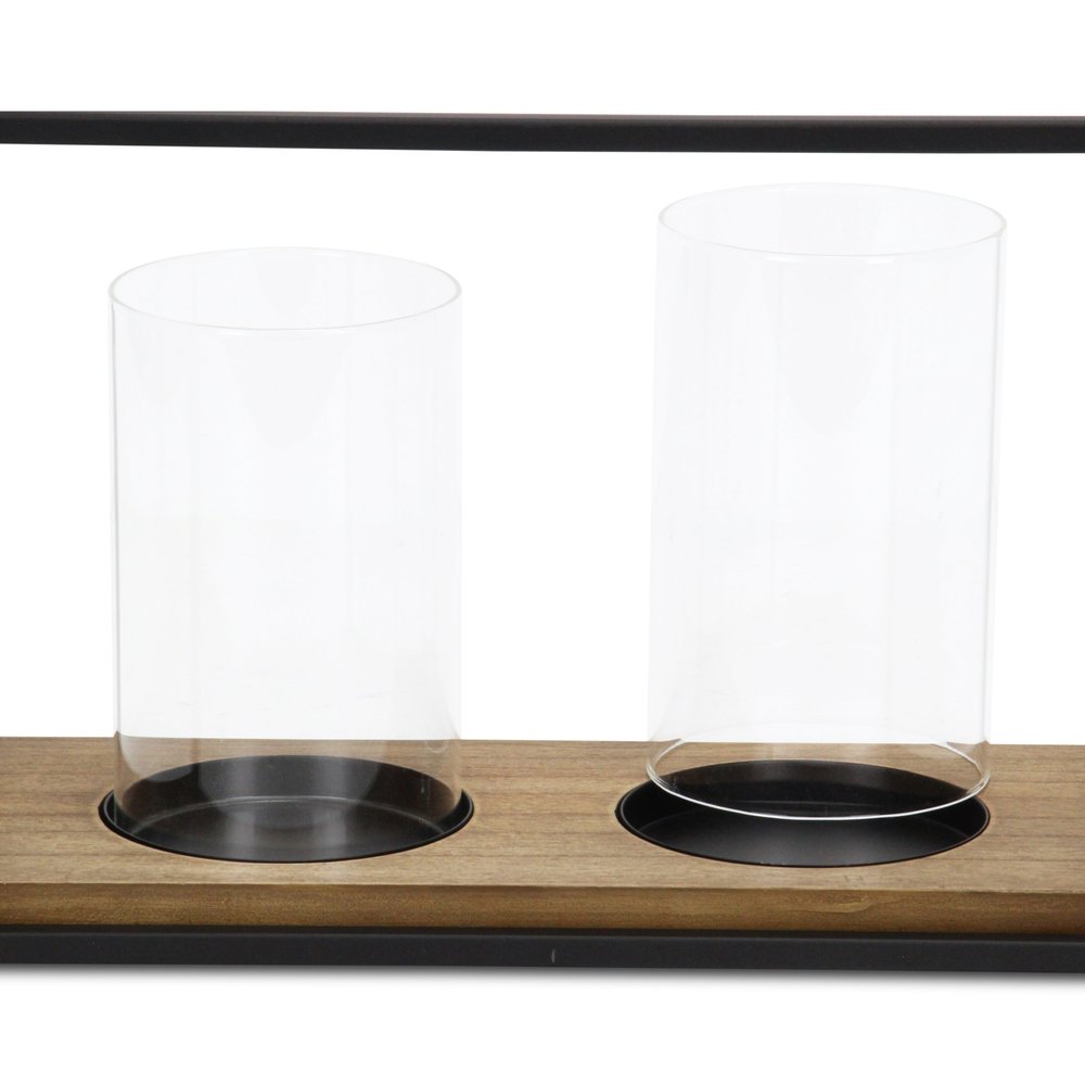 15" Black Metal Glass And Wood Geometric Two Light Hurricane Candle Holder — view 6