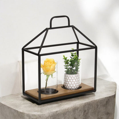 15" Black Metal Glass And Wood Geometric Two Light Hurricane Candle Holder HomeRoots