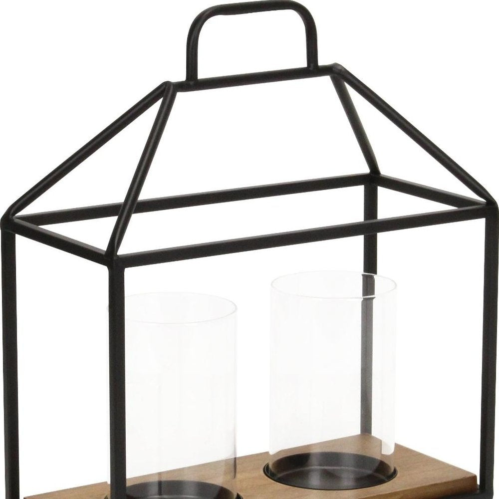 15" Black Metal Glass And Wood Geometric Two Light Hurricane Candle Holder — view 9