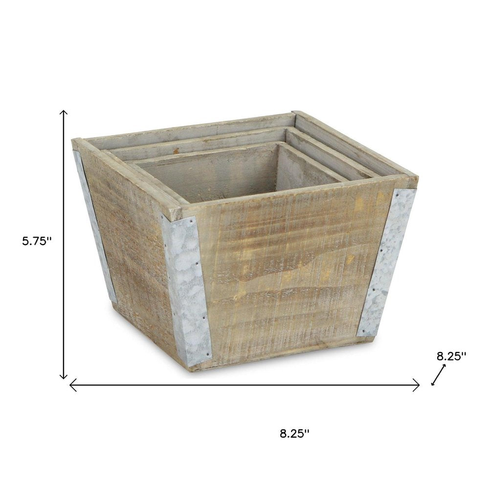 Set of Three Natural And Silver Metal And Wood 217 Ounce Square Distressed Planter Boxes — view 10