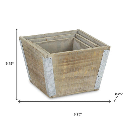 Set of Three Natural And Silver Metal And Wood 217 Ounce Square Distressed Planter Boxes