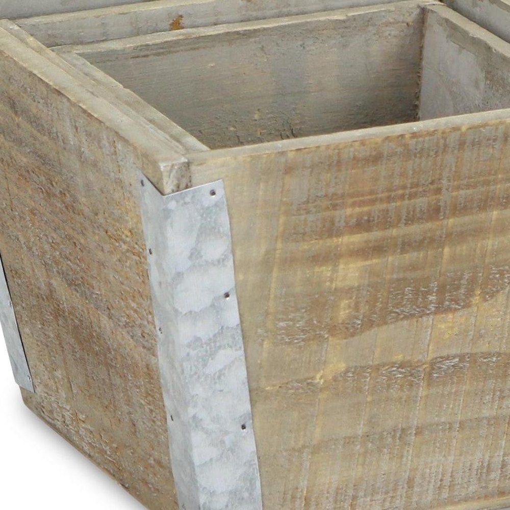 Set of Three Natural And Silver Metal And Wood 217 Ounce Square Distressed Planter Boxes — view 11