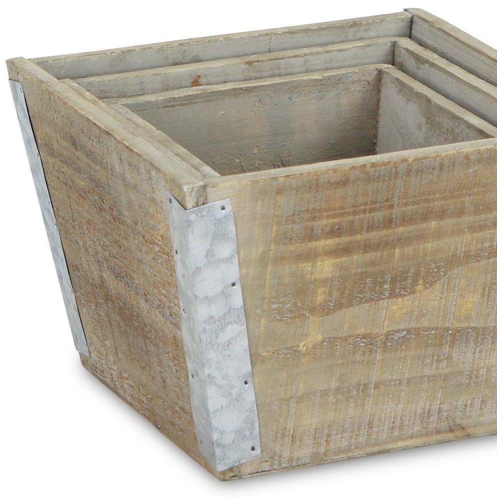 Set of Three Natural And Silver Metal And Wood 217 Ounce Square Distressed Planter Boxes — view 12