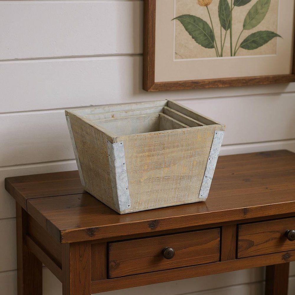 Set of Three Natural And Silver Metal And Wood 217 Ounce Square Distressed Planter Boxes — view 13