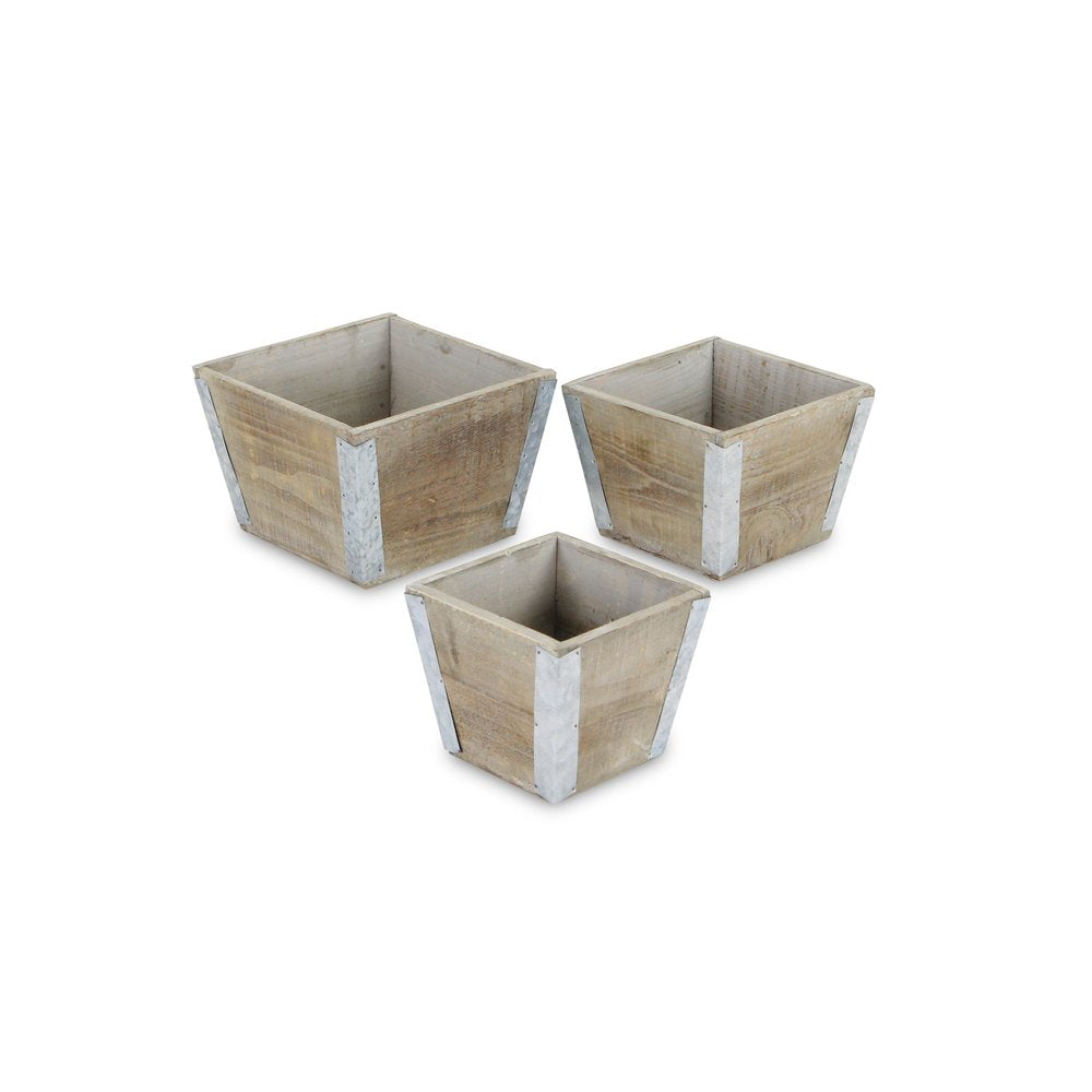 Set of Three Natural And Silver Metal And Wood 217 Ounce Square Distressed Planter Boxes — view 1