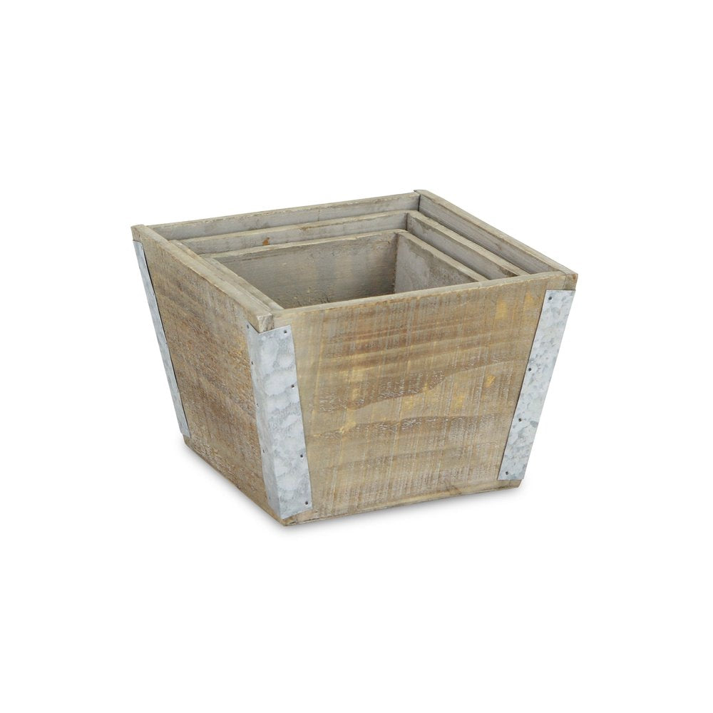 Set of Three Natural And Silver Metal And Wood 217 Ounce Square Distressed Planter Boxes — view 2