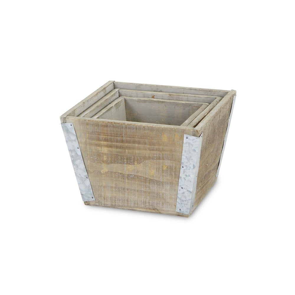 Set of Three Natural And Silver Metal And Wood 217 Ounce Square Distressed Planter Boxes — view 3