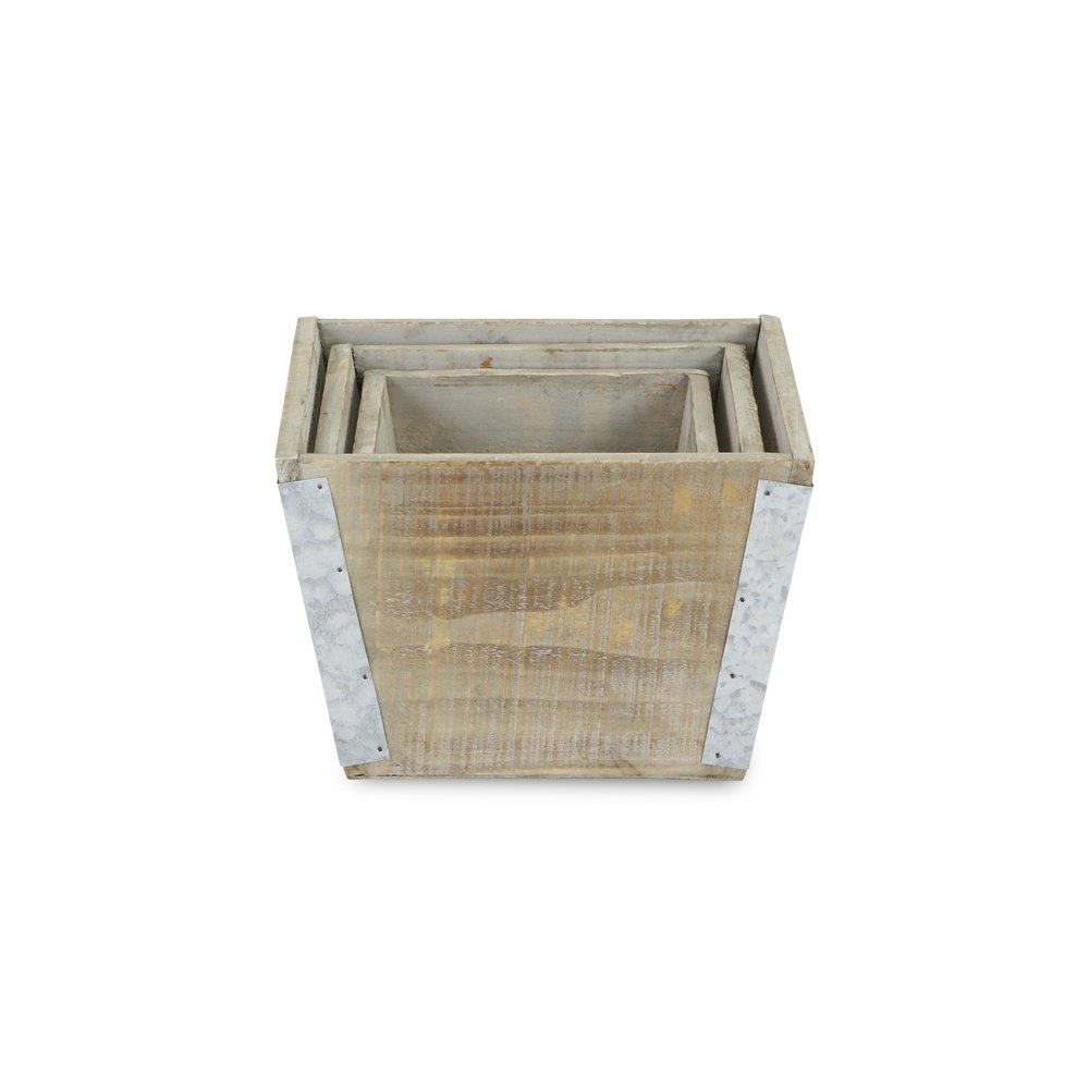 Set of Three Natural And Silver Metal And Wood 217 Ounce Square Distressed Planter Boxes — view 4
