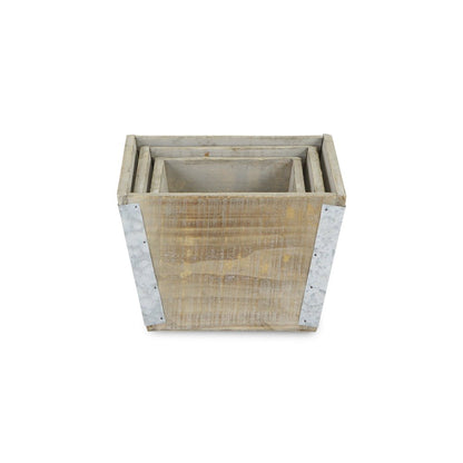 Set of Three Natural And Silver Metal And Wood 217 Ounce Square Distressed Planter Boxes