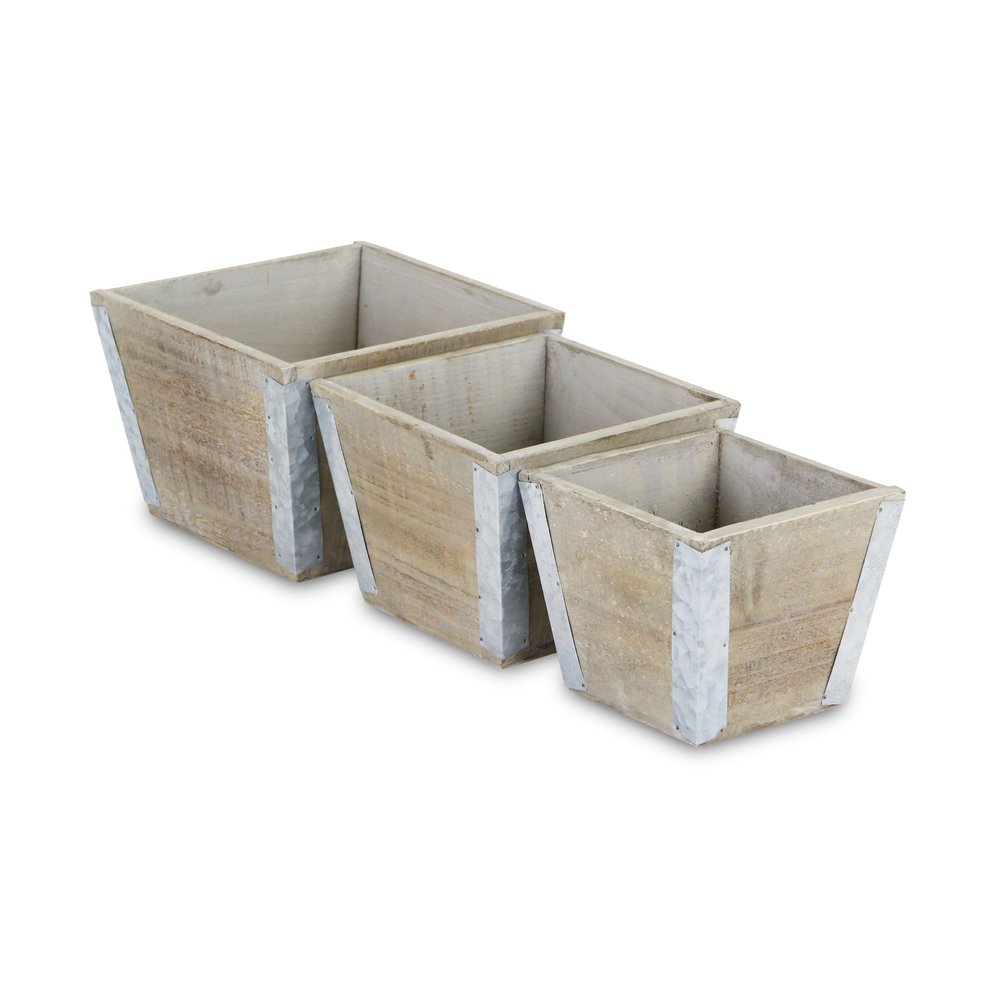 Set of Three Natural And Silver Metal And Wood 217 Ounce Square Distressed Planter Boxes — view 5