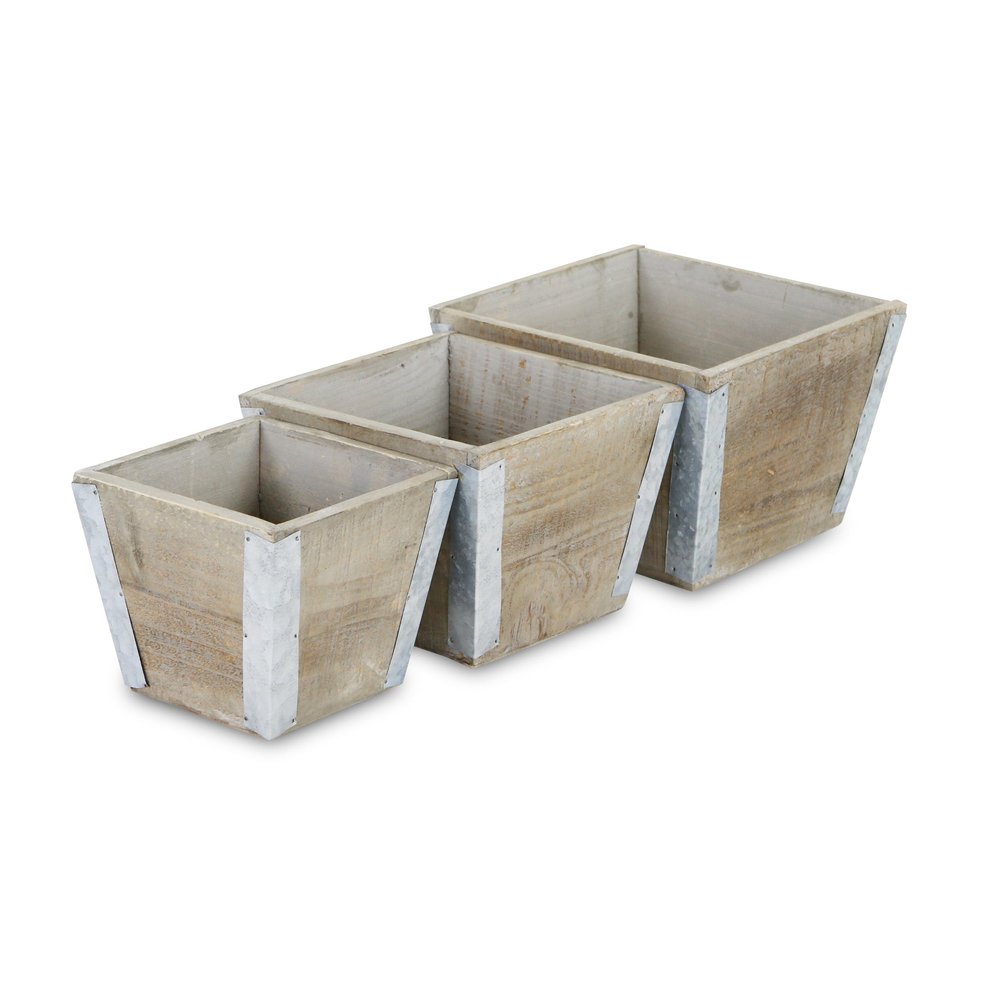Set of Three Natural And Silver Metal And Wood 217 Ounce Square Distressed Planter Boxes — view 6