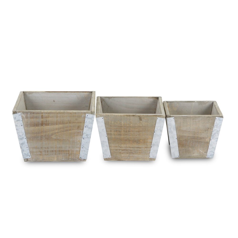 Set of Three Natural And Silver Metal And Wood 217 Ounce Square Distressed Planter Boxes — view 7