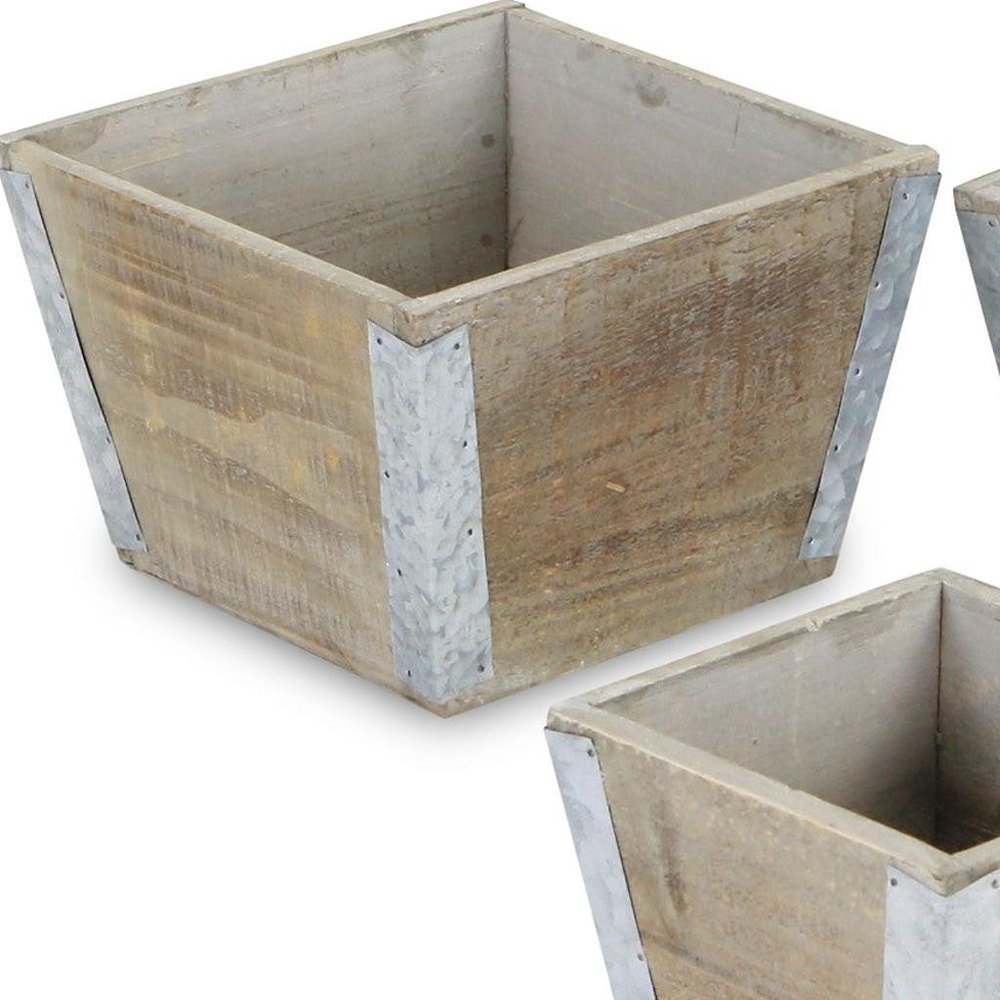 Set of Three Natural And Silver Metal And Wood 217 Ounce Square Distressed Planter Boxes — view 8