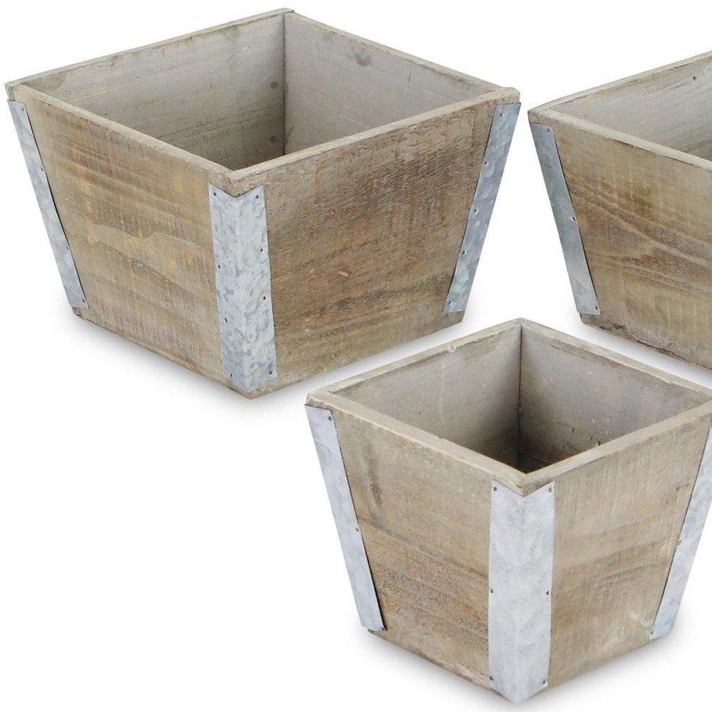 Set of Three Natural And Silver Metal And Wood 217 Ounce Square Distressed Planter Boxes — view 9