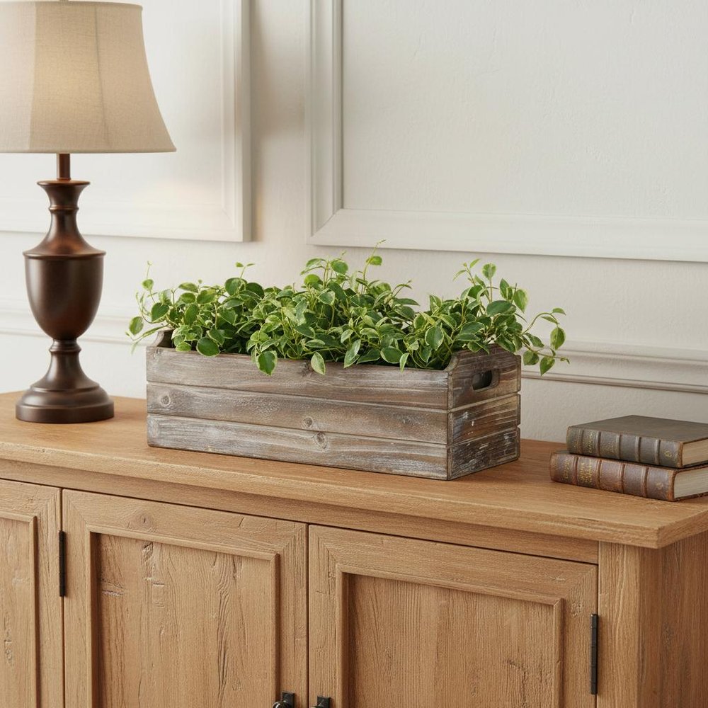 Brown Wood Rectangular Distressed Planter Box — view 8