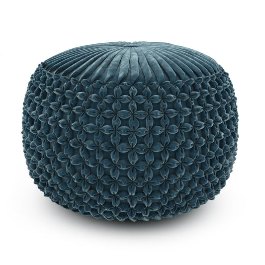 20" Teal Blue Velvet Tufted Round Pouf Ottoman