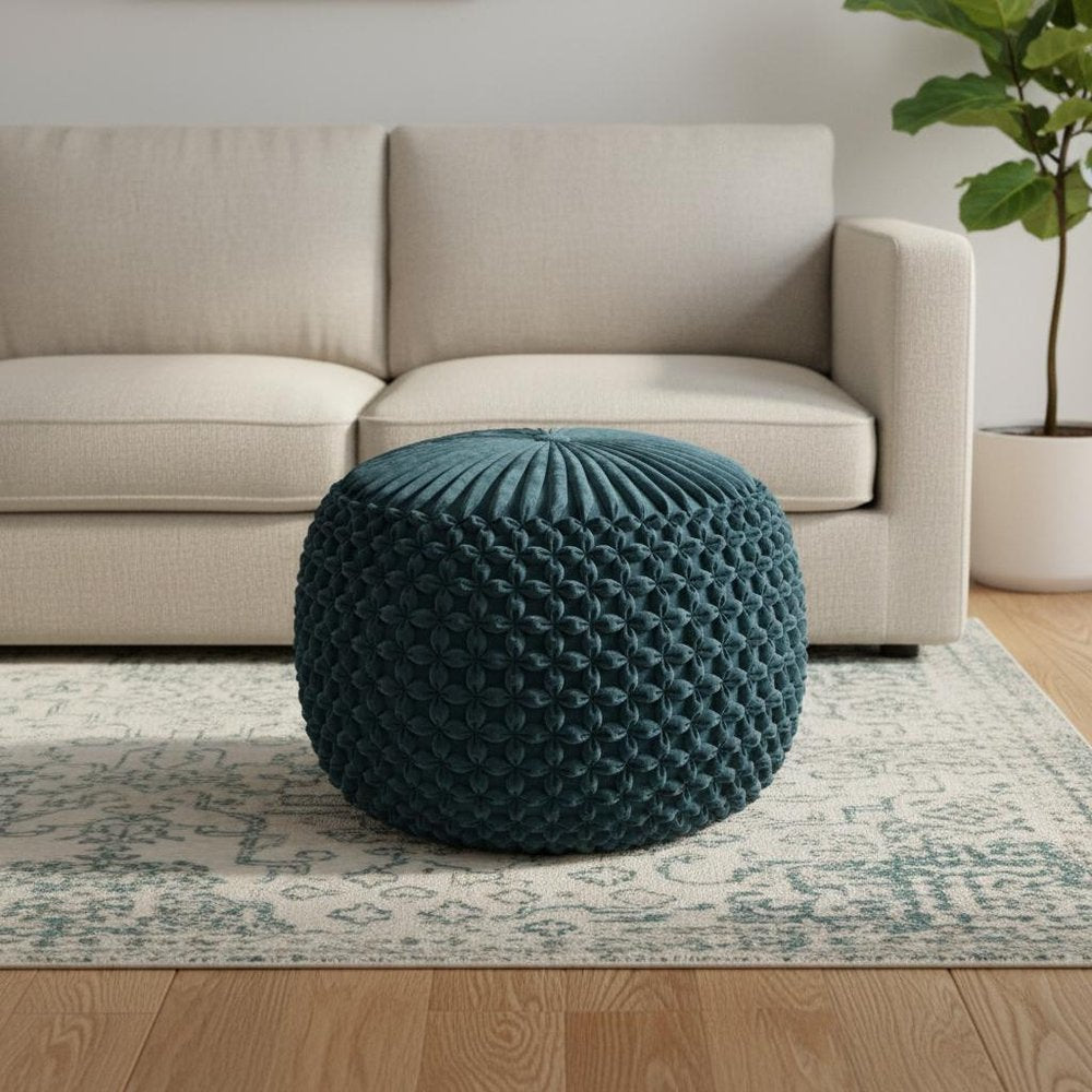20" Teal Blue Velvet Tufted Round Pouf Ottoman HomeRoots