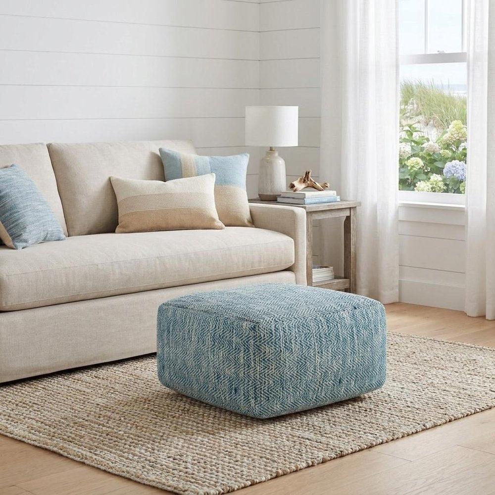 20" Aqua And White Cotton Chevron Pouf Ottoman HomeRoots
