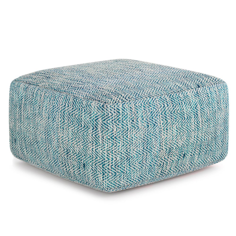 20" Aqua And White Cotton Chevron Pouf Ottoman HomeRoots