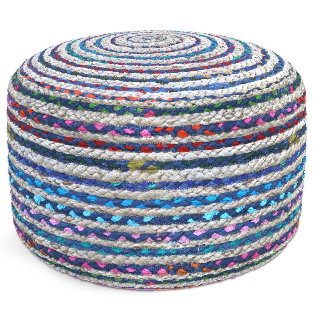 20" Blue Gray and Green Jute and Cotton Striped Round Pouf Ottoman — view 1
