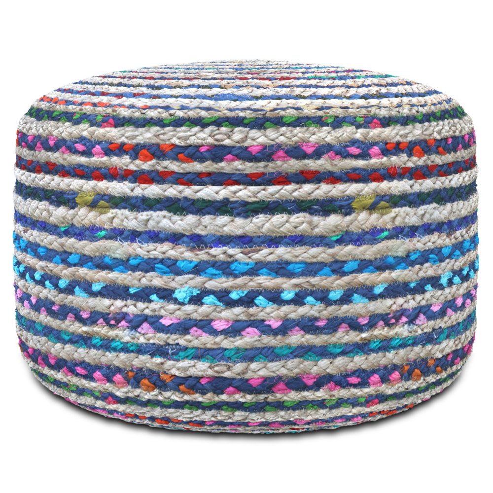 20" Blue Gray and Green Jute and Cotton Striped Round Pouf Ottoman — view 2