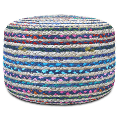 20" Blue Gray and Green Jute and Cotton Striped Round Pouf Ottoman HomeRoots