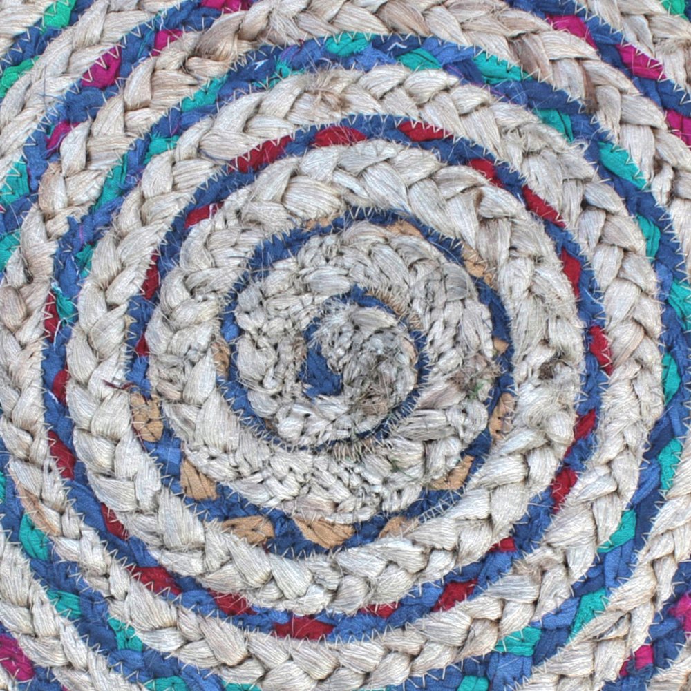 20" Blue Gray and Green Jute and Cotton Striped Round Pouf Ottoman — view 3
