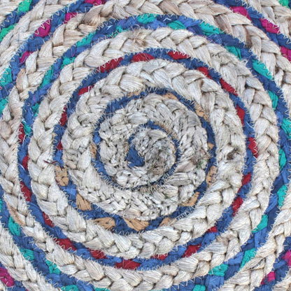 20" Blue Gray and Green Jute and Cotton Striped Round Pouf Ottoman HomeRoots