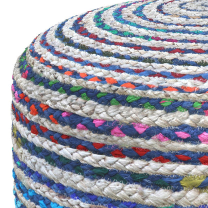 20" Blue Gray and Green Jute and Cotton Striped Round Pouf Ottoman HomeRoots