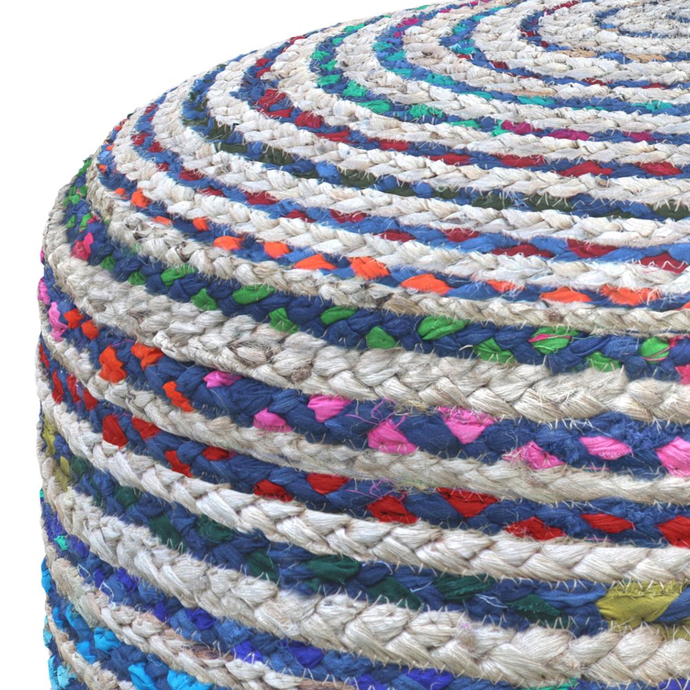 20" Blue Gray and Green Jute and Cotton Striped Round Pouf Ottoman — view 4