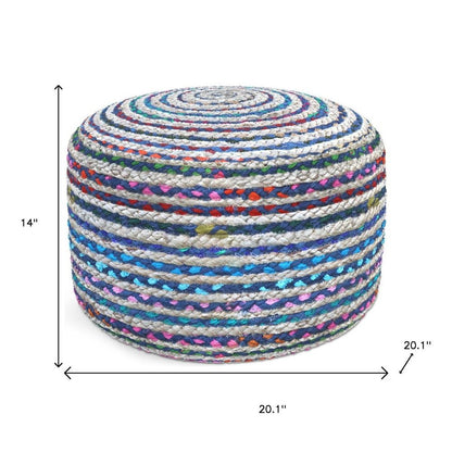 20" Blue Gray and Green Jute and Cotton Striped Round Pouf Ottoman HomeRoots