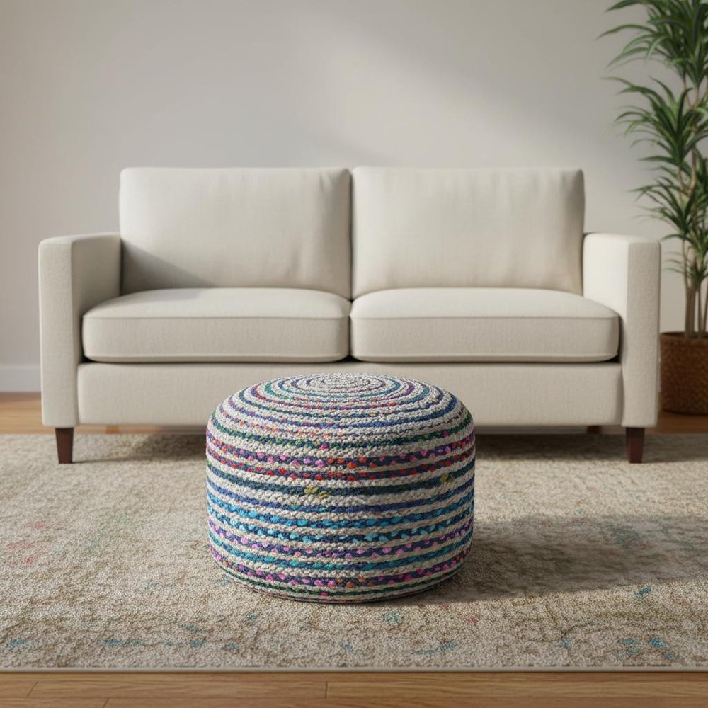 20" Blue Gray and Green Jute and Cotton Striped Round Pouf Ottoman HomeRoots
