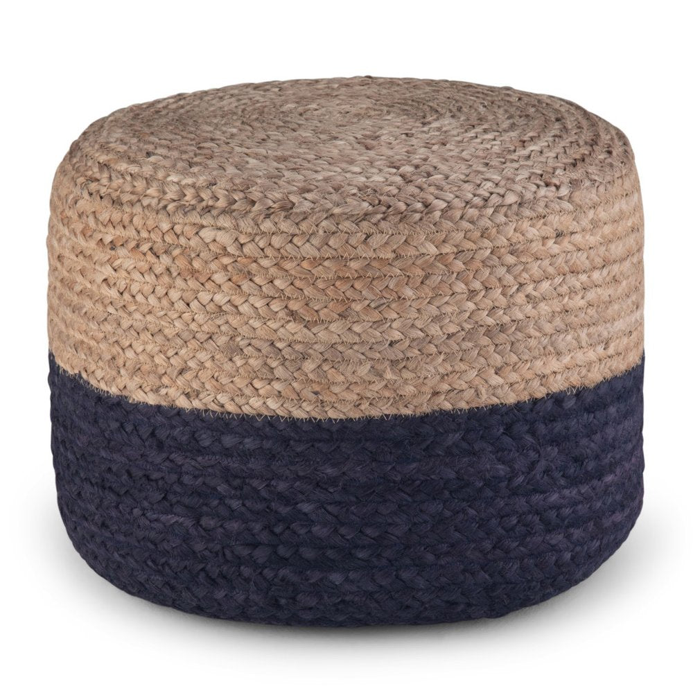 18" Natural and Navy Blue Jute Round Pouf Ottoman HomeRoots