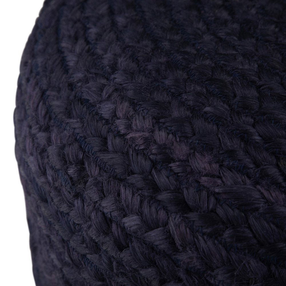 18" Natural and Navy Blue Jute Round Pouf Ottoman