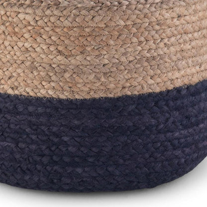18" Natural and Navy Blue Jute Round Pouf Ottoman HomeRoots