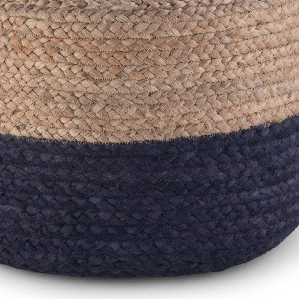 18" Natural and Navy Blue Jute Round Pouf Ottoman