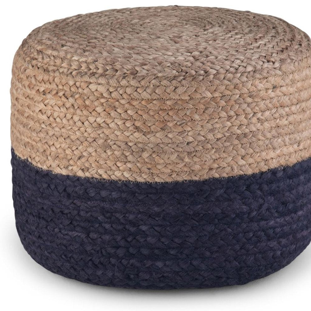 18" Natural and Navy Blue Jute Round Pouf Ottoman — view 5