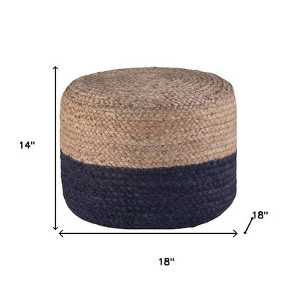 18" Natural and Navy Blue Jute Round Pouf Ottoman HomeRoots