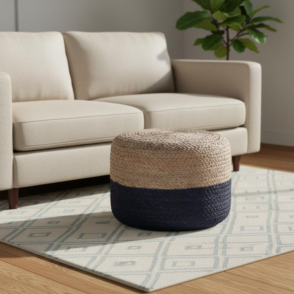 18" Natural and Navy Blue Jute Round Pouf Ottoman — view 6