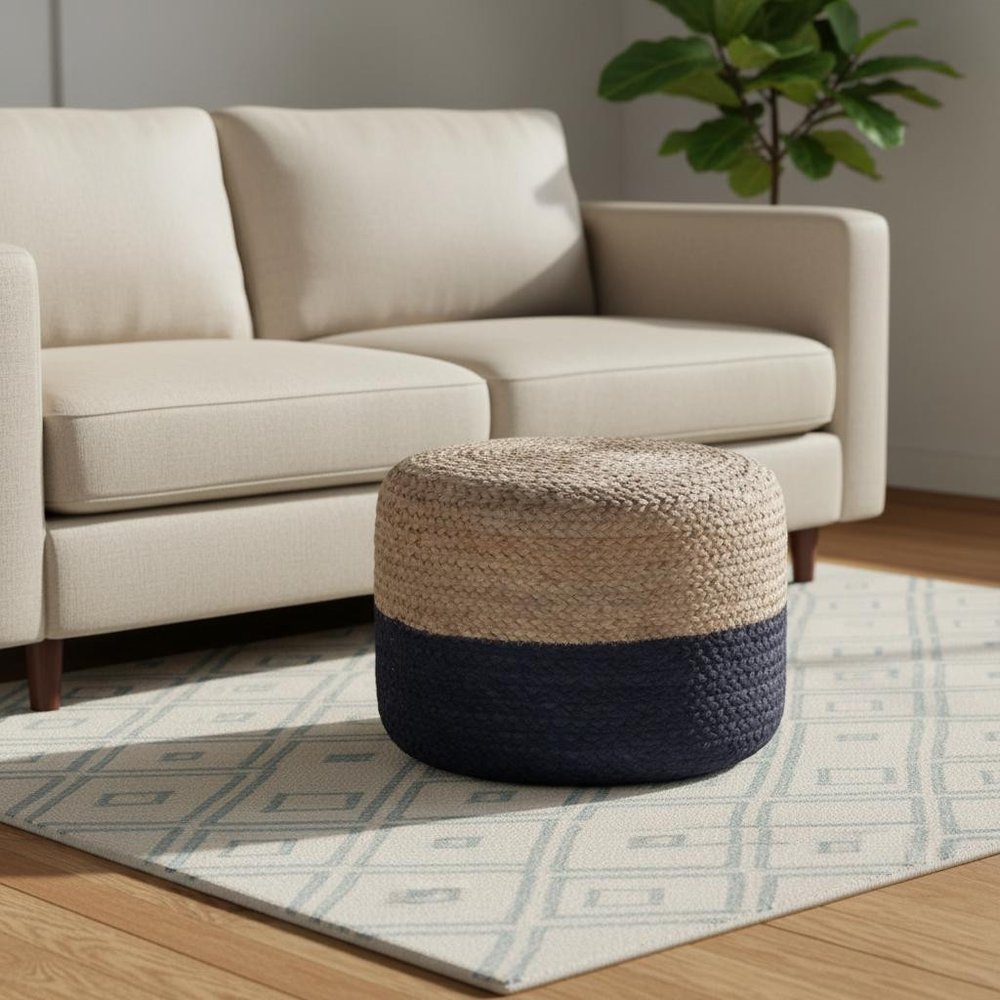 18" Natural and Navy Blue Jute Round Pouf Ottoman