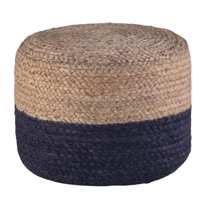 18" Natural and Navy Blue Jute Round Pouf Ottoman HomeRoots