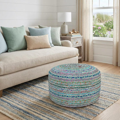 20" Blue Gray and Green Jute and Cotton Striped Round Pouf Ottoman HomeRoots