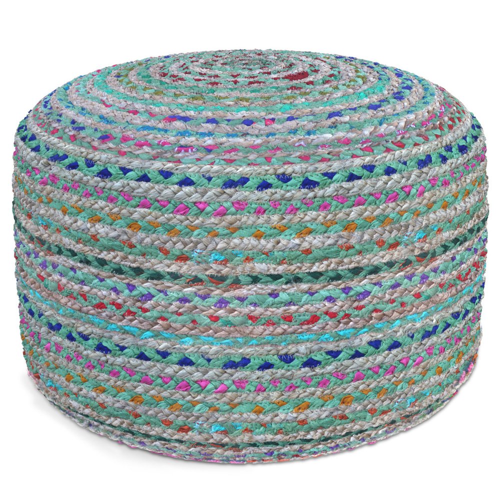 20" Blue Gray and Green Jute and Cotton Striped Round Pouf Ottoman HomeRoots