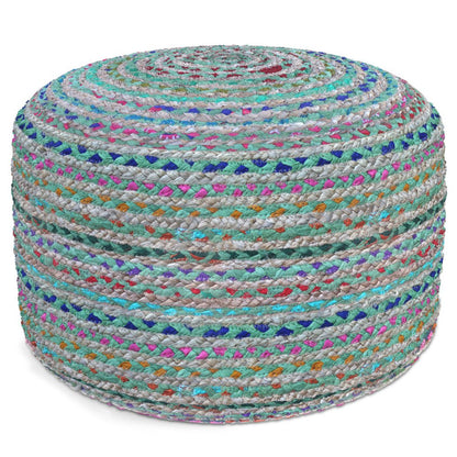 20" Blue Gray and Green Jute and Cotton Striped Round Pouf Ottoman HomeRoots