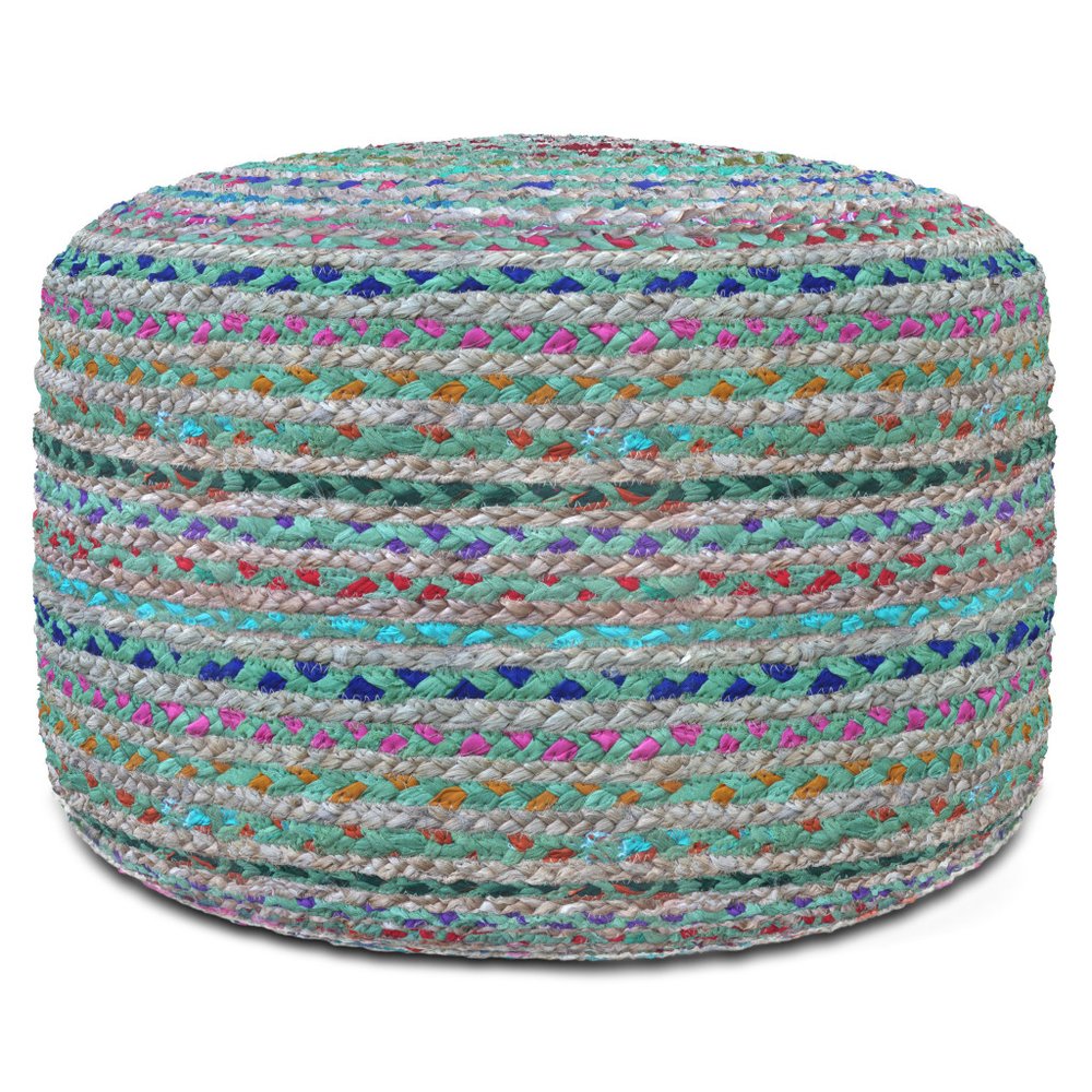 20" Blue Gray and Green Jute and Cotton Striped Round Pouf Ottoman HomeRoots